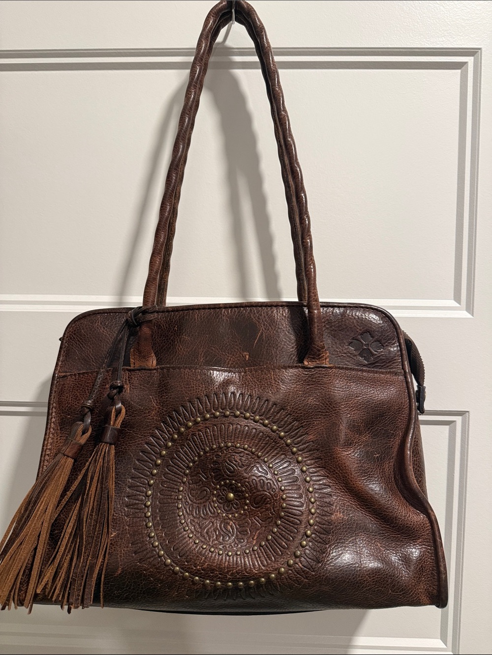 Patricia Nash Brown Leather Shoulder Bag with Tassel & Medallion